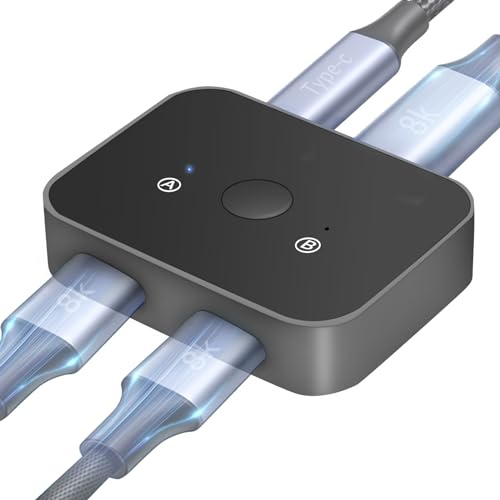 8K HDMI Splitter - 1 in 2 Out or 2 in 1 Out HDMI 2.1 Selector Feature 4K 120Hz 3D eARC Aluminum Mini HDMI Switcher【with 3.3 ft Type-C Power Supply Cable】