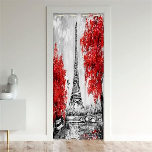 Odot Verdunkelungsvorhänge mit Ösen, Eiffelturm Muster Raumteiler Vorhang Türvorhang Thermo Blackout Thermovorhang Winter Kälteschutz Türvorhang für Tür Schrank (130x200cm,Roter Baum)