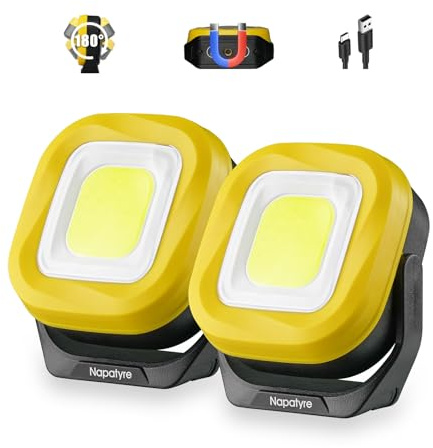 Napatyre Rechargeable Work Light, 1000LM LED Work Light with Magnetic Holder, 180° Rotate COB Floodlight 3 Modes Portable Outdoor Camping Light for Garage Camping Hiking Fishing (2 Pack)
