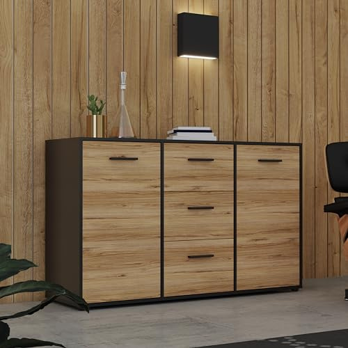 Forte MOKKARO Sideboard mit 3 Schubladen und 2 Türen, Holzwerkstoff, Catania Eiche/Schwarz, B x H x T: 141,2 x 84,9 x 42 cm