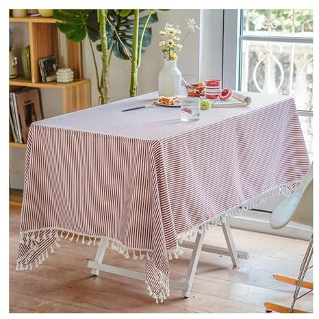 Gualiy Tischdecke Küche, Tischdecke 140x240CM Leinen Tischdecken Waschbar Streifen mit Quasten Tischdecke für Küchentisch, Rot