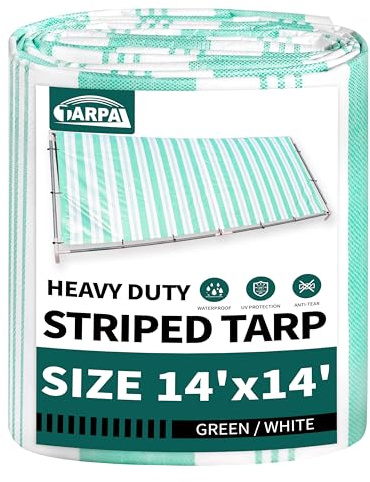 TARPAL Heavy Duty Poly Tarp 14x14 Feet 12mil Striped tarp Multipurpose Protective Cover Durable, Waterproof, Weather Proof, UV,Rip and Tear Proof（Green/White）