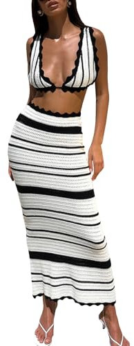 Häkelstrick-Rock-Set für Damen, Sommer, bauchfreies Top, figurbetont, hohe Taille, Maxirock-Set, gestreift, Strandkleid, 2-teiliges Set, weiß, L