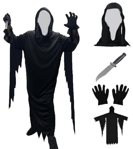 Aicerous® Ghostface Costume di Halloween, Costume da Fantasma Urlante Spaventoso, Maschera inclusa e Pugnale di plastica, adatto per Halloween/Carnevale/Feste in Maschera/Horror party (Bambini-XL)