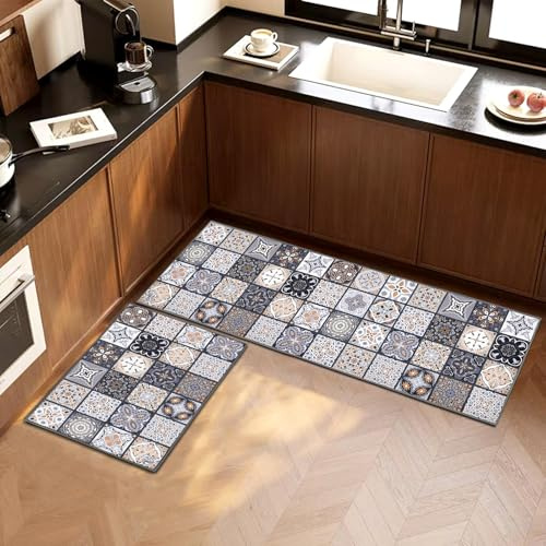 PQCXXA 2 StückWashable Rubber Backing Küchenteppich Set,Wasser und Öl aufnehmen Küche Matten Fußmatte Teppich Set für Küche, Wäscherei,Wohnzimme (A04, 43x150cm+43x75cm)