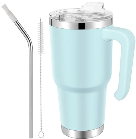 EQARD Taza con Asa Tapa y Pajita Vaso Termo Cafe para Llevar Taza Viajera Mug Térmica de Acero Inoxidable con Cepillos de Tubo para Café Frío o Caliente Todo sin BPA (Azul, 30oz Tapa a Rosca)
