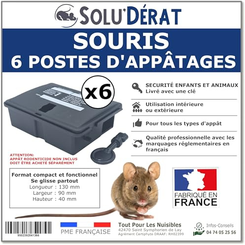 6 Postes d'Appâtages pour Souris, Sécurisés pour Enfants et Animaux, Lot de 6 Unités SoluDérat - Fabriqués en France - Notice en Français - Boîtes Vendues Vides sans Appât (Poison)