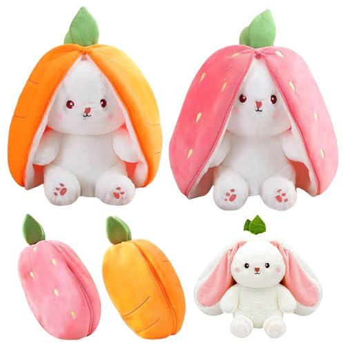 NYZQIW 2 Stück Osterhase Plüschtier, Gefülltes Kaninchen mit Karotten und Erdbeeren, Hasen Verstecken, Osterhase Stofftier, Hase Kuscheltier Plüschtiere, Hasenpuppe Geschenk für Kinder