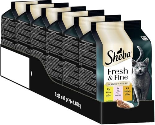 Sheba Portionsbeutel Katzennassfutter Multipack Fresh & Fine in Sauce mit Huhn und Lachs MSC, 6x6x50g - Exquisite Mahlzeiten für Katzen in Sauce