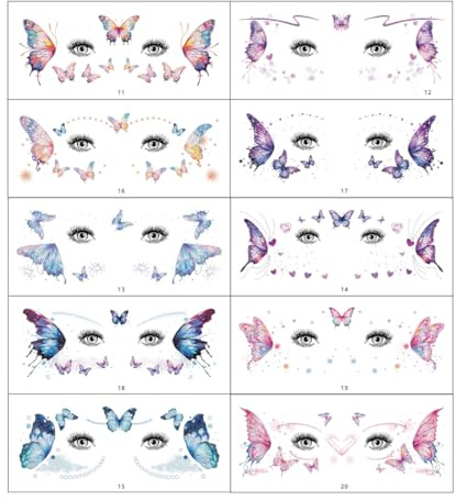 OHREN 10 Temporäre Tattoos Schmetterling Glitzer Tattoo Gesicht Körper Aufkleber Wassertransfer Engelsflügel Wasserdicht Sticker für Musikfestival Ball Party Cosplay