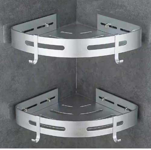 ARTALEJ- Pack Organizador Baño-2 Estantes Esquinero Ducha Sin Taladro+4 Ganchos Auxiliares+1 Gancho con Ventosa. (Plata)