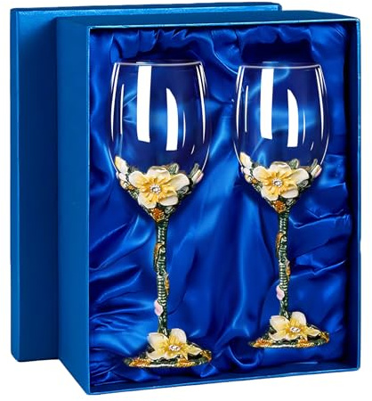 XUDREZ Verres à vin en émail peint sans plomb 320 ml Rouge/blanc | Sans plomb, capacité de 320 ml, motif fleur d'abricot, comprend 2 verres rouges, coffret cadeau