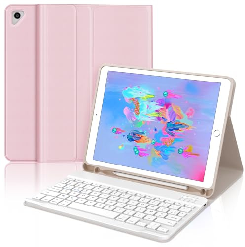 Occtingkind Coque Clavier pour iPad 6e/5e Génération 9.7 Pouces, AZERTY Français Housse Clavier Bluetooth Magnétique Détachable avec Porte Crayon pour iPad 2018/2017 9.7, Air 2/1, Pro 9.7 2016, Rose