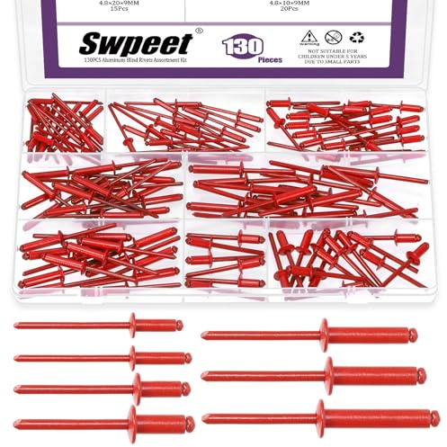 Swpeet Kit de surtido de 130 remaches ciegos de aluminio rojos de brida grande en 7 tamaños, remaches ciegos pop de aluminio con agarre y mandril de acero para metal, muebles, automoción