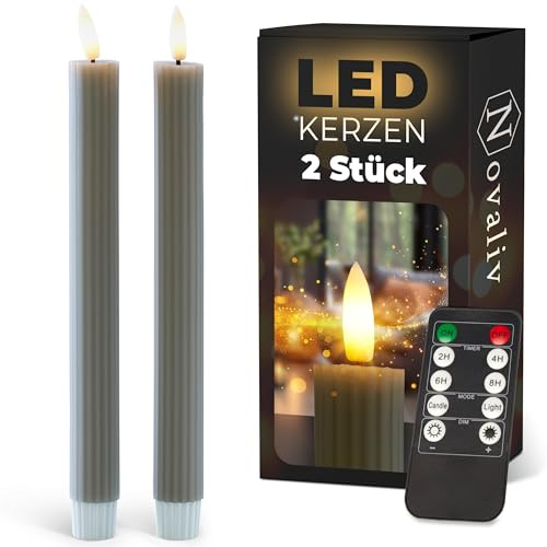 Stabkerzen LED mit Timer TAUPE GRAU 2er indoor mit Timer Funktion 6 Stunden ECHTWACHS gerippt 23cm Höhe für Kerzen 2,2cm Durchmesser 2 AAA Batterien LED Stabkerzen flackernde Flamme bewegliche Flamme