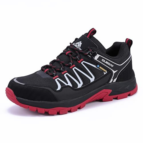 Queday Black Waterproof Hiking Shoes Mens Lightweight Walking Shoes Daily Hike Trekking Trail Outdoor Camping Climbing Size 9