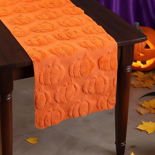 Chemin de Table Citrouille, Chemin de Table 3D Orange Citrouilles Automne Nappe Douce en Fausse Fourrure Jacquard Décoration d'halloween pour Cuisine et Fêtes d'automne