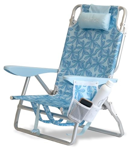 Nautica Beach Chair, Five Position Backpack Chair, Portable & Adjustable with Padded Pillow and Cup Holders and Attached Insulated Cooler Bag