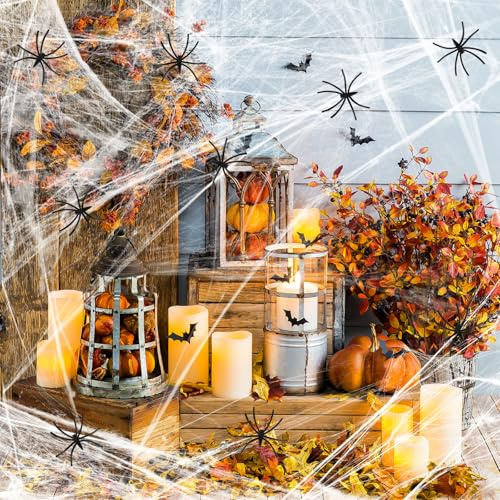 SUPRROW 60 g Spinnweben-Halloween-Dekorationen, Spinnennetz-Dekoration, Halloween-Spinnennetz, Spinnweben, Spinnennetz mit 30 künstlichen Spinnen, Halloween-Spinnweben