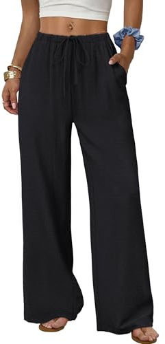 Sampeel Pants for Women Wide Leg Black Linen Pants Flowy Palazzo Fashion Clothing Boho Summer Vacation Outfits Cruise 2026 Beach Pant Business Casual Outfits Work Trousers M