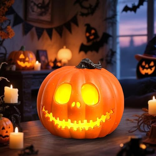 Halloween Deko Kürbis, Halloween Kürbis Deko mit LED Licht, 24 cm Deko Kürbis Groß mit Gruselig Gesicht, Leuchtende Kürbis Batteriebetrieben für Helloween Deko Outdoor, Innen Tischdeko, Party Deko (A)