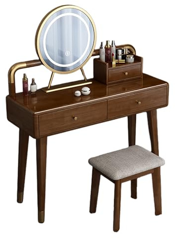 Table de maquillage LED avec miroir en bois d'hévéa, commode à double tiroir avec boîte de rangement, armoire mobile, finition noyer élégant, station de maquillage de 100,1 cm avec chaise