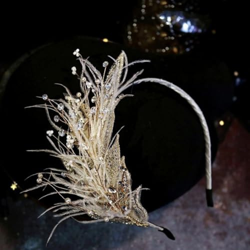 Feder Haarreif mit Strass und Perlen,Fascinator Glitzer Feder Stirnband | Damen Federstirnband Karneval Haarschmuck Retro dünn Haarband für Fasching Hochzeit Party 20er Jahre,