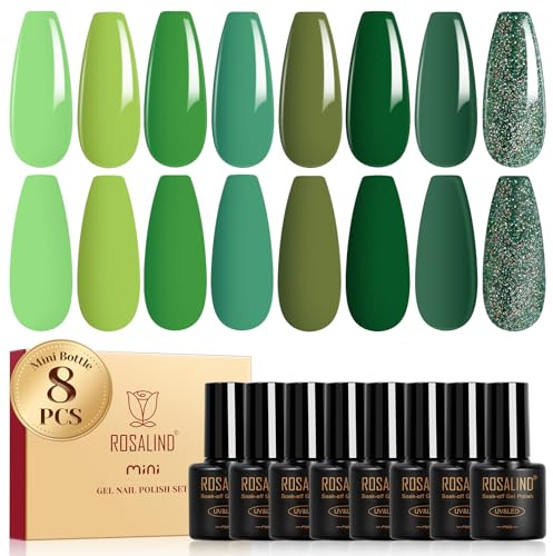 ROSALIND UV Nagellack Grün, 8 Farben Grün Grasgrün Armeegrün Gel Nagellack, Soak-Off Mini UV Farbgel Gelnägel für Nail Art Design Gel Nail Polish Maniküre Geschenk