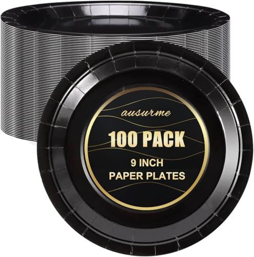 ausurme 100 PCS Black Paper Plates, 9 Inches, Round | Black Disposable Plates, Disposable Paper Party Plates, Round Dinner Plates, for Party, Birthday, Wedding and Picnic