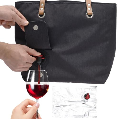 VAVPUP Wine Tote With Drink Dispenser,Canvas Wine Purse With Hidden Insulated Compartment,Beach Portable Bag Shoulder Bag For Picnic,Camping,Travel(black)