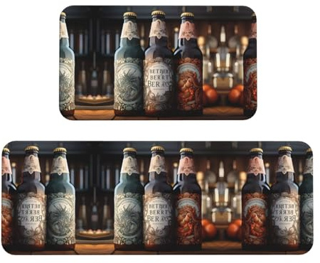 3 Bierflaschen Bedrucktes 2-teiliges Küchenmatten-Set Anti-Rutsch-Matten-Set Geeignet für Küche, Waschküche und Eingangsbereich