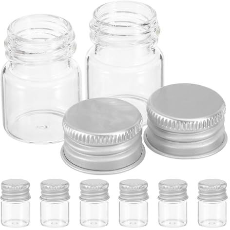 Toyvian Mini Botellas de Vidrio Transparentes 5ml Tapa de Aluminio Plateada Rosca Hermética, Paquete 100 Unidades, Aptas para Viajes, Almacenamiento de Aceites Esenciales y