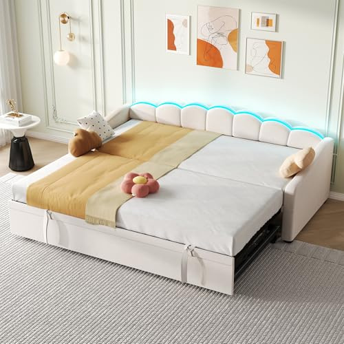 Merax 3FT Single Daybed with Pull-Out Trundle, Velvet Sofa Bed with App Control RGB LED Lights, Petal Shaped Upholstered Guest Bed (No Mattress), Space-Saving Bed Frame for Living Room, Bedroom, Beige