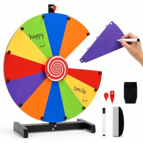 GOPLUS 60 cm Glücksrad mit Fächern, Preisrad-Spinner mit Ständer | Tisch-Glücksrad mit Radiergummi & Marker, Roulette-Spinner zum Selbstgestalten, Roulette-Rad für Messe, Party & Karneval