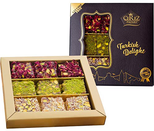 Cerez Pazari Turkish Delight Pistachio with Fantastic Rose & Pomegranate Flavour Experience in Luxury Gift Box 250g | Assorted Gourmet Soft Candy, Sweet Vegan Traditional Lokum (Loukoumi) (9-11 Pcs)