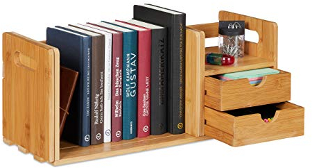 Relaxdays Schreibtisch Organizer Bambus, 2 Schubladen, Bücherregal ausziehbar, Ablage, HxBxT: 21 x 80,5 x 19 cm, Natur, Hellbraun