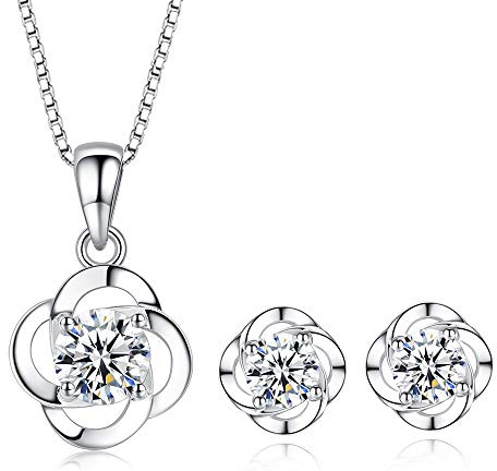 Kamise Schmuckset Damen Silber 925, Halskette Damen & Ohrstecker, Klee Anhänger Silberkette mit 45cm Silber Kette & Ohrringestecker mit Weiß Zirkonia, Schmuck Set mit Geschenkbox für Mutter Frauen