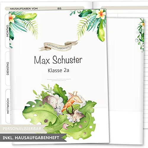 OLGS Hausaufgabenheft Hülle Tierfreunde inkl. Heft Schulheft Schutzhülle Umschlag Geschenkidee Einschulung personalisierbar mit Namen und die Schulklasse (personalisiert Schlaffreunde)