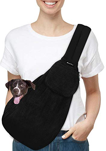SlowTon Hundetragetasche, Haustier Hundetasche mit verstellbarem, gepolstertem Schultergurt und Fronttasche Tragetasche Hund für Spaziergang Aktivitäten im Freien und Ausflüge(Gittergewebe-Schwarz)