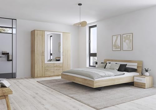 Rauch Möbel Burano Schlafzimmer, bestehend aus 1 Bett Liegefläche 180x200cm, 2 Nachttischen 40x36x40cm, 1 Schrank mit Spiegel und Kranzblende 181x212x54cm, Farbe Eiche Sonoma mit Absetzung in Weiß