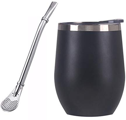 Gourde Yerba Mate améliorée de 12 oz - Tasse à maté Moderne avec Couvercle sans BPA - Acier Inoxydable à Double paroi - Comprend Paille Bombilla - Noir Minuit