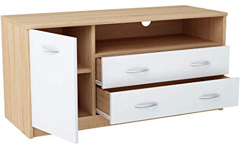 MATKAM Fernsehkommode 1D2S, H55xB110xT41cm, laminierte Möbelplatte 16 mm, EIN offenes Regalfach rechts, darunter 2 Schubladen, Links eine Ablage mit Tür, Metallscharniere (Sonoma Eiche – weiß)