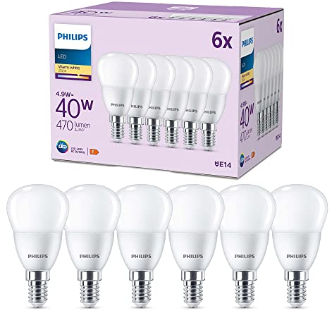 Philips LED E14 Sfera, confezione da 6 lampadine, equivalente a 40 W, lampadine LED smerigliate, Plastica, Luce Bianca Calda 2700K, LED a risparmio energetico con lunga durata