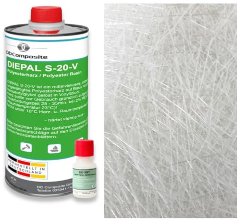DD Composite Polyesterharz 1kg mit 1m² Glasfasermatte 300g/m² | mit 20g MEKP-Härter, Styrolfrei, Laminierharz, Reparaturharz, Für Hobby und Handwerk