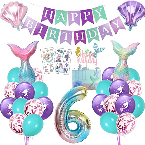 Meerjungfrau Geburtstag Deko 6 Jahre, Kindergeburtstag Luftballon Mädchen, Meerjungfrauen Thema Party Set mit Folienballon, Happy Birthday Girlande, Cake Topper und Tattoos