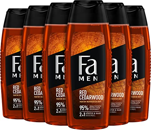 FA Duschgel Men Red Cedarwood mit parfüm-inspirierten Duft (6x 250ml) 2in1 Formel für Körper & Haare, erlebe die kraftvolle & langanhaltende Duftkombination von Zederholz & Whiskey