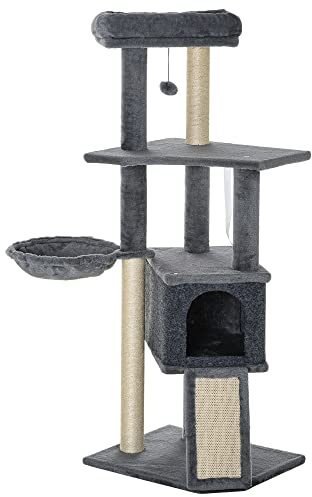 PawHut 127cm Katzenbaum mehrstöckig für Kätzchen mit Kondohaus grau | Katzenturm, Sisal-Kratzsäulen, Rampe, Bett, Plüschsitz, Hängematte, Spielball