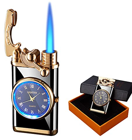 AVCXEC Encendedor a Reacción, Encendedor a Prueba de Viento, Encendedor de Gas Recargable, Encendedor de Tormenta, Encendedor con Reloj para Hombres y Regalos para Padres con Caja de Regalo, Negro