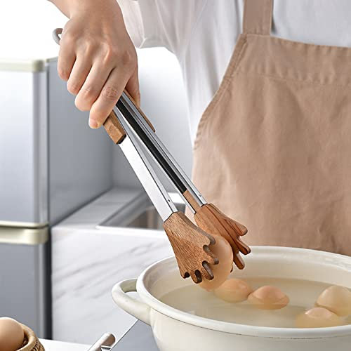 Pince de cuisine en acier inoxydable avec pointes en bois - Pince à pâtisserie - Pince à viande - Pince à spaghetti multifonction - Pince de cuisine pour barbecue, salade, pain, viande, spaghetti (B)