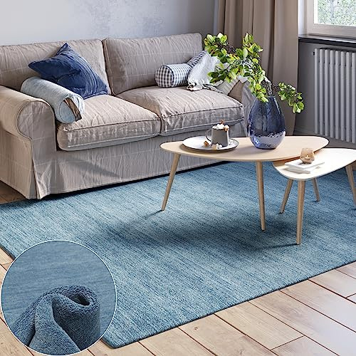 MY-RUG handgewebter Wollteppich 140 x 200 cm aus Reiner Schurwolle | Teppich aus Wolle | Naturteppich Wohnzimmerteppich, robust & pflegeleicht, Oeko-Tex, extra schwere Qualität | Devi Blau